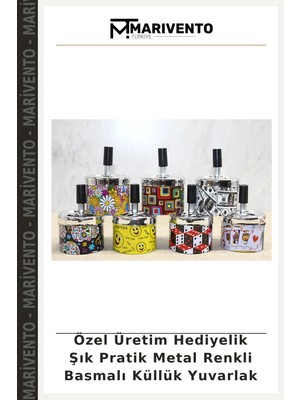 Özel Üretim Hediyelik Şık Pratik Metal Renkli Basmalı Küllük Yuvarlak