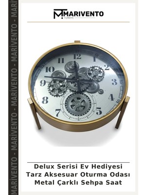 Delux Serisi Ev Hediyesi Tarz Aksesuar Oturma Odası Metal Çarklı Sehpa Saat