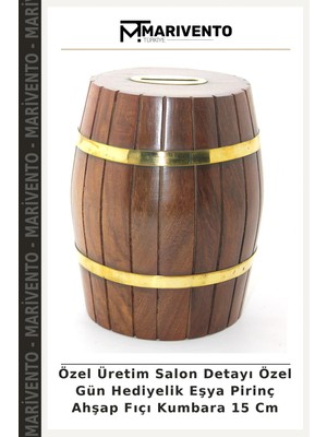 Özel Üretim Salon Detayı Özel Gün Hediyelik Eşya Pirinç Ahşap Fıçı Kumbara 15 cm