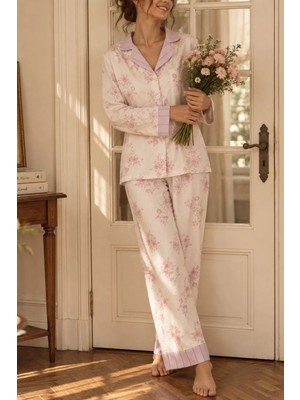 Bella Notte Ekru Viskon Dokuma Pembe Çiçek Desenli Düğmeli Uzun Kollu Pijama Takımı