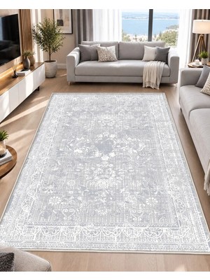 STY Home Gri Dijital Baskı Salon Halısı Kaymaz Tabanlı Yıkanabilir Halı Yolluk 1149