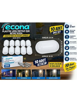 Econa 10 ADET-ECN-5015 20W Plastik LED Duvar Lambası Kendinden Ledli Beyaz Kasa Beyaz Işık Konteyner ve Dış Mekan Aydınlatma Apliği (20X10 Cm),eko Glop Lamba Ledli