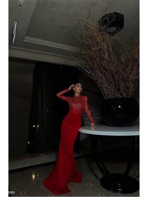 Salmore Tül Dik Kumaş Kesim Abiye Yaka Balık Elbise · Renk: Saks · Beden: Xl Bty