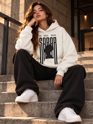 Hai Collection Haı Collectıon Kadın Beyaz Kapüşonlu Oversize Sweatshirt %100 Pamuk Hoodie