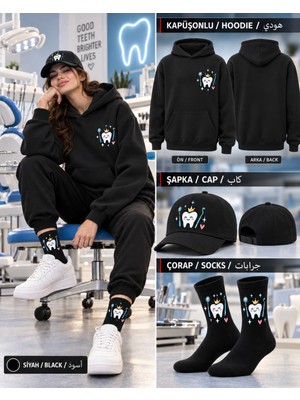 Hai Collection Haı Collectıon Kapüşonlu Oversize Sweatshirt Siyah Unisex 3'lü Set Şapka Çorap