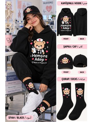 Hai Collection Haı Collectıon Unisex Kapüşonlu Oversize Sweatshirt Siyah 3'lü Set Bere Çorap Hediyeli