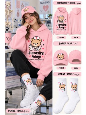 Hai Collection Haı Collectıon Unisex Kapüşonlu Oversize Sweatshirt Pembe 3'lü Set Bere Çorap Hediyeli
