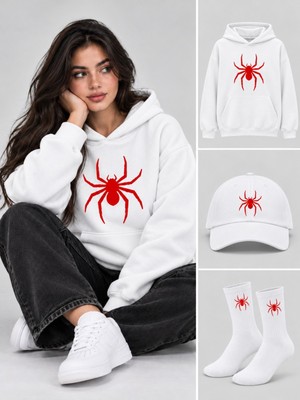 Hai Collection Haı Collectıon Kapüşonlu Oversize Sweatshirt Beyaz Unisex 3'lü Set Şapka Çorap