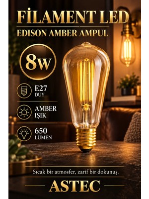 Astec E27 Edison 8 Watt Amber Filament Ampul Dekoratif Filament LED