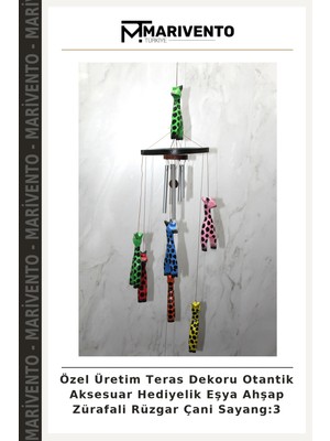 Özel Üretim Teras Dekoru Otantik Aksesuar Hediyelik Eşya Ahşap Zürafali Rüzgar Çani Sayang:3