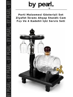 Parti Malzemesi Gösterişli Set Ziyafet Ikramı Ahşap Standlı Cam Fıçı ve 4 Kadehli Içki Servis Seti
