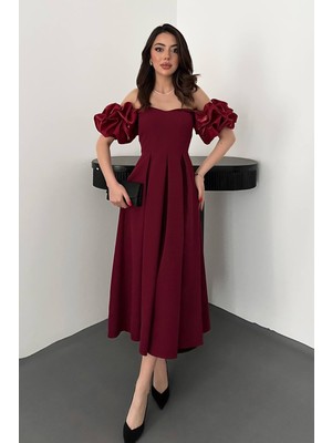Modanı Seç Bordo Kolları Balon Pileli Atlas Elbise - Bordo