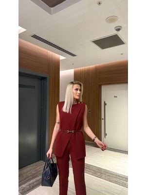 Modanı Seç Bordo Kemerli Yelek & Pantolon Takım – Ofis ve Davet Şıklığı - Bordo