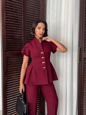 Modanı Seç Gold Düğme Detaylı Peplum Kesim Şık Kadın Takım - Bordo