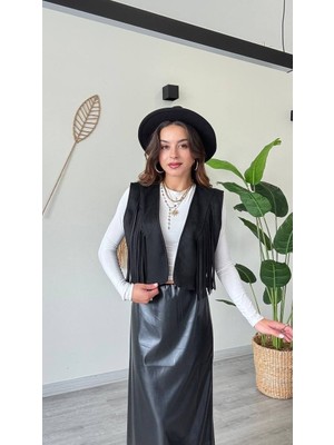 Modanı Seç Püskül Detaylı Modern Yelek – Güçlü ve Özgür Stil-Siyah - Siyah