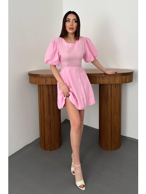 Modanı Seç Pembe Arkadan Bağlamalı Keten Elbise - Pembe