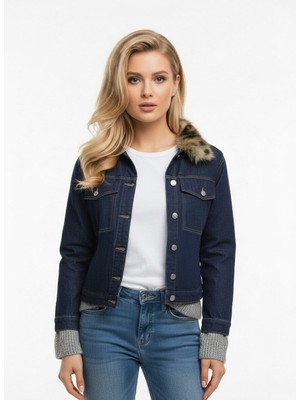 Modanı Seç Kürk Yaka Detaylı Premium Denim Ceket – Modern Kesim Şık Jean Ceket - Mavi