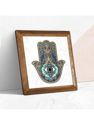 Pinecone Fatma Ana Eli (Hamsa) Taş Duvar Tablosu - Ahşap Çerçeveli Taş Tablo - 25X25 cm - Dekor