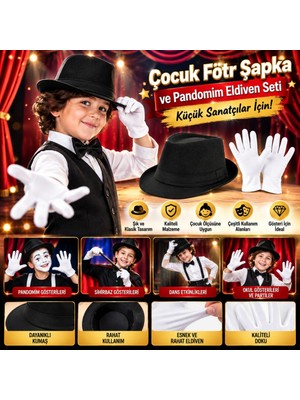 Çelik - Ticaret Çocuk Sahne Performans Seti – Gösteri Fötr Şapka ve Eldiven