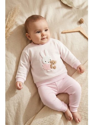 Babycan Mila %100 Pamuklu Çizgili Tavşan ve Ayıcık Nakışlı Kız Bebek Takım - Mevsimlik Alt Üst Set