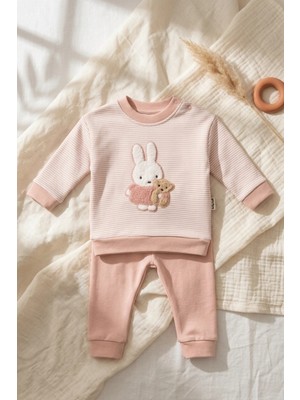Babycan Mila %100 Pamuklu Çizgili Tavşan ve Ayıcık Nakışlı Kız Bebek Takım - Mevsimlik Alt Üst Set
