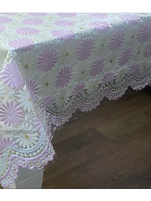 Mey İthalat Şeffaf Kaplama Dantel Işleme Motifli Papatya Desen Kaymaz Kolay Silinebilir Pvc Muşamba Masa Örtüsü (Pembe, 100 x 130)