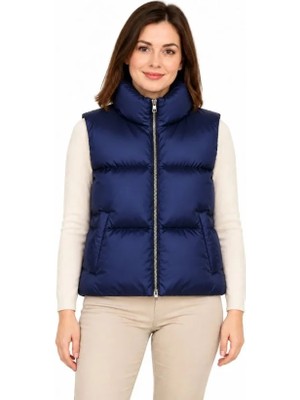 Lissa Butik Moda Dik Yaka Saten Astarlı Fermuarlı Cepli Arkası Uzun Oval Kesim Şişme Yelek - Lacivert Wear