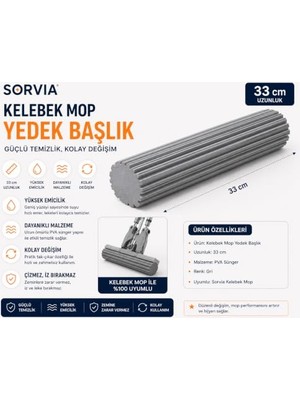 Mey İthalat Kelebek Mop Yedek Başlığı 33 cm Pva Sünger Mop Yedeği Kendinden Sıkmalı Yer Silme Mopu Sünger Başlık Kıl Tüy Toz Temizlik Aparatı
