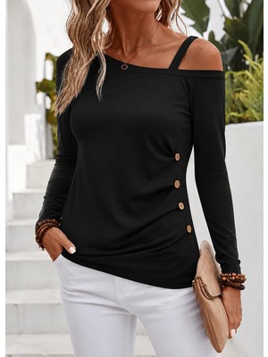 Lissa Butik Moda Kadın Uzun Kollu Tek Omuzdan Açık Askılı Yandan Düğmeli Viskon Bluz Wear