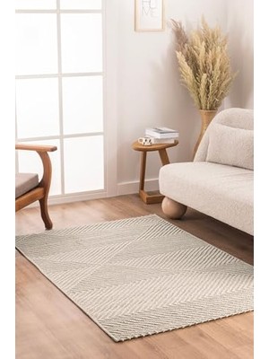 Mey İthalat Retro Krem Krem Geometrik Desenli Tozumaz Salon Koridor Balkon Teras Bahçe Oturma Odası Halısı 19270,120 x 180
