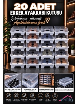 Esmila Home 20 Adet Erkek Ayakkabı Kutusu Şeffaf Ayakkabı Düzenleyici Organizer