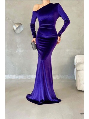 Astraltech Kadife Elbise Maxi Abiye Yaka Kumaş Asimetrik · Renk: Gri · Beden: L Bezoss