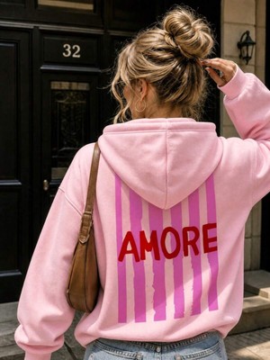 Hai Collection Haı Collectıon Kadın Pembe Amore Baskılı Kapüşonlu Oversize Sweatshirt