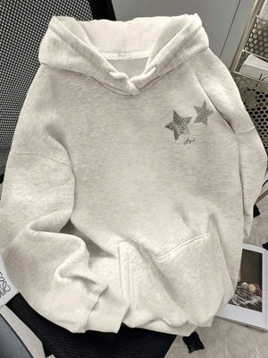 Hai Collection Haı Collectıon Kapüşonlu Gri Sweatshirt Yıldız Baskılı Oversize Unisex Hoodie