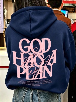 Hai Collection Haı Collectıon God Has A Plan Baskılı Kapüşonlu Sweatshirt Oversize Unisex Lacivert Hoodie