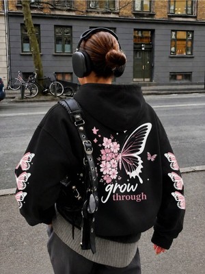 Hai Collection Haı Collectıon Kelebek Baskılı Kapüşonlu Sweatshirt Oversize Unisex Siyah Hoodie
