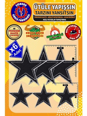 Nzm Store Ütü ile Yapışan Arma Yama, Siyah Yıldız (6 Adet) Ütüyle Yapışan Nakış Dokuma Aplike Patch