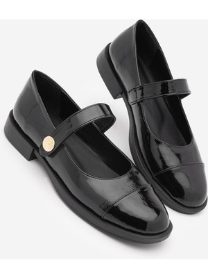 Marjin Kadın Loafer Cırtlı Günlük Ayakkabı Valsey Siyah Rugan