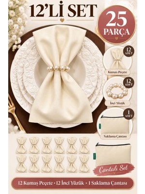 İlmek Ilmek Krem 12'li Kumaş Peçete Seti 45X45CM | Inci Yüzüklü Çantalı 25 Parça | Misafirlik ve Çeyizlik Sofra Sunum Peçetesi