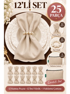 İlmek Ilmek Bej 12'li Kumaş Peçete Seti 45X45CM | Inci Yüzüklü Çantalı 25 Parça | Misafirlik ve Çeyizlik Sofra Sunum Peçetesi