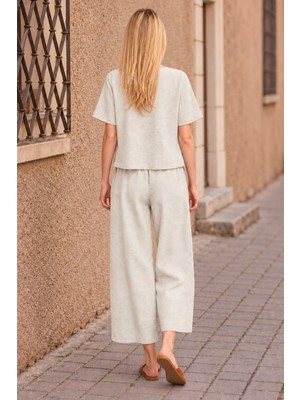 Barbora Kadın Ekru Keten Ikili Takım Kısa Kollu Bluz ve Beli Lastikli Bol Paça Pantolon