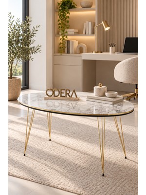 Odera Traverten Ekru 3 Katlı Raflı Yan Sehpa Kitaplıklı Çok Amaçlı Oval Dekoratif Sehpa 60X43X28 cm