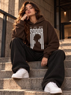 Hai Collection Haı Collectıon Sabar Baskılı Oversize Kapüşonlu Sweatshirt Mavi Unisex Hoodie