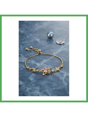 Astraltech Pembe Taşlı Yıldız Model Gold Renk Zirkon Taşlı Asansörlü Bileklik Bezoss
