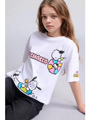 DeFacto %100 Pamuk Pochacco Oversize Bisiklet Yaka Kısa Kollu Baskılı Tişört Kız Çocuk H3642A826HS