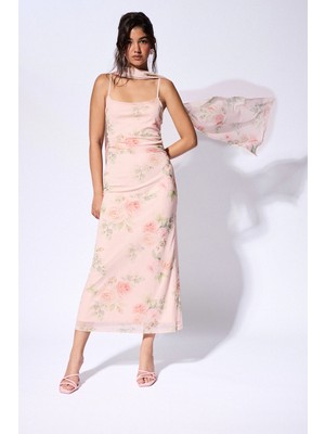 DeFacto Askılı Çiçekli Desen Tül Pembe Maxi Elbise I0764AX26SM