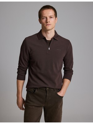 Pierre Cardin Koyu Kahverengi Slim Fit %100 Pamuk Kıvrılmaz Fermuarlı Polo Yaka Basic Sweatshirt 50334013 VR084