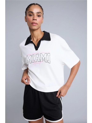 DeFacto %100 Pamuk NBA Miami Heat Lisanslı Sporcu Kısa Kollu Polo Ekru Tişört H9413AX26HS