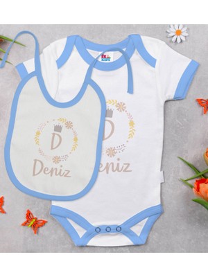 BK Gift Bk Kids Kişiye Özel Harfli Isimli Mavi Bebek Body Zıbın ve Mama Önlüğü Hediye Seti-2 0-3 Ay