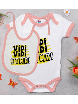 BK Gift Bk Kids Vidi Vidi Etma Tasarımlı Pembe Bebek Body Zıbın ve Mama Önlüğü Hediye Seti-1 12-18 Ay